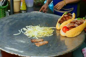 köstlich vang vieng Sandwich auf heiß Pfanne. Straße Essen im Laos. foto