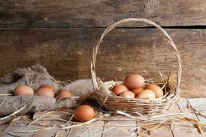 Korb von frisch Eier und Hähnchen Eier mit getrocknet Stroh Lügen auf ein hölzern Hintergrund Tabelle auf ein organisch Bauernhof foto