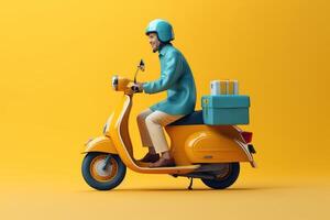 Lieferung Mann Reiten Roller Motorrad zum online Lieferung Bedienung auf Gelb Hintergrund. generativ ai foto