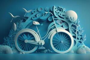 Welt Fahrrad Tag auf Blau Hintergrund, Öko freundlich Fahrrad Konzept. generativ ai foto
