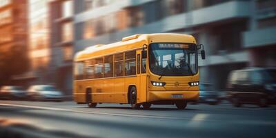 Bus Fahren auf das Straße mit Stadtbild Bewegung verwischen Hintergrund. Reisen und Transport. generativ ai foto
