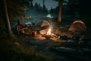 Zelt Campingplatz mit Feuer. generieren ai foto