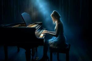 Mädchen Theaterstücke Klavier im Licht. generieren ai foto