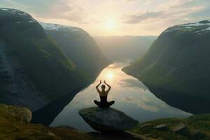 Frau praktisch Yoga Berge. generieren ai foto