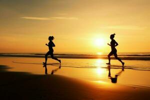 zwei Läufer auf Strand Morgen. generieren ai foto