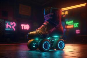 generativ ai, Walze Schlittschuh im Cyberpunk Stil, Disko nostalgisch 80er, 90er. Neon- Nacht Beleuchtung beschwingt Farben, fotorealistisch horizontal Illustration von das futuristisch Stadt. Sport Aktivität Konzept. foto