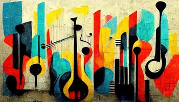 generativ ai, Straße Kunst mit Schlüssel und Musical Instrumente Silhouetten. Tinte bunt Graffiti Kunst auf ein texturiert Papier Jahrgang Hintergrund, inspiriert durch Banken foto