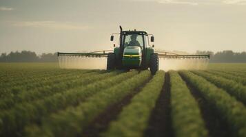 generativ ai, Traktor Sprühen ein Feld, Bauernhof Landschaft, landwirtschaftlich schön Landschaft, Land Straße. Natur Illustration, fotorealistisch oben Aussicht horizontal Banner. foto