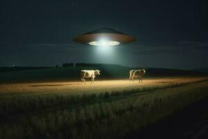 UFO entführen Kuh. generieren ai foto