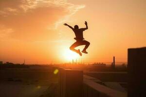 Mann Parkour Sonnenuntergang Ausbildung. generieren ai foto