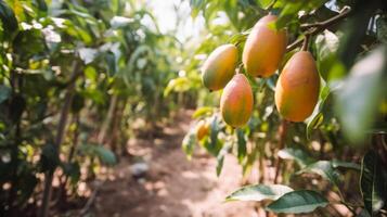 Mango Garten, Obst Baum Anbau mit tropisch Früchte generativ ai foto