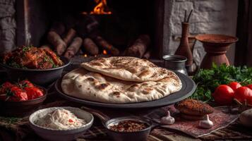 Armenisch Lavash gekocht im das Ofen, Pita-Brot Brot generativ ai foto