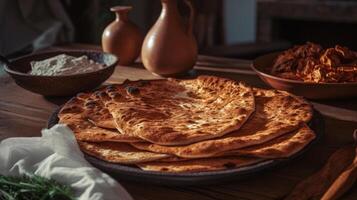 Armenisch Lavash gekocht im das Ofen, Pita-Brot Brot generativ ai foto