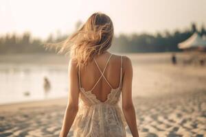 schön Mädchen im ein Kleid Spaziergänge entlang das sandig Strand zurück Aussicht generativ ai foto