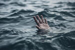 Ertrinken Mann Hand im das Meer Ozean Wasser generativ ai foto