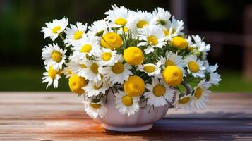 Strauß von Gänseblümchen, Sommer- Kamille Blumen auf Tabelle generativ ai foto