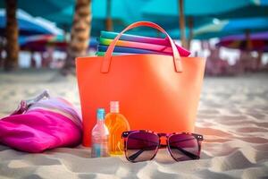 Strand Zubehör Sonnenbrille und Tasche Sommer- Urlaub durch das Meer generativ ai foto