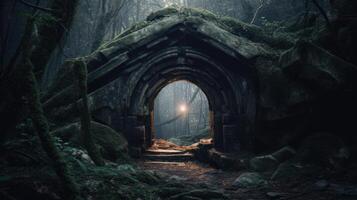 Stein Bogen im das mystisch Wald generativ ai foto