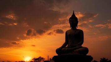 Silhouette von Buddha Statue beim Sonnenuntergang Himmel Hintergrund. Illustration ai generativ foto