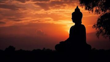Silhouette von Buddha Statue beim Sonnenuntergang Himmel Hintergrund. Illustration ai generativ foto