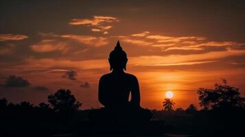 Silhouette von Buddha Statue beim Sonnenuntergang Himmel Hintergrund. Illustration ai generativ foto