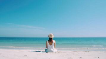 Frau Meditation auf Strand. Illustration ai generativ foto