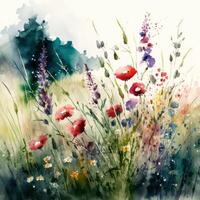 Aquarell Sommer- Wiese. Illustration ai generativ foto