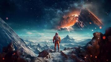 Astronaut im Raum auf Außerirdischer Planet. Illustration ai generativ foto