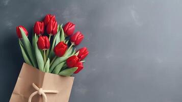 rot Tulpen Strauß im Papier Einkaufen Tasche Illustration ai generativ foto