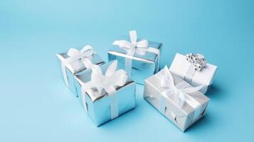 Blau Hintergrund mit Silber Geschenk Boxen. Illustration ai generativ foto