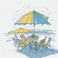 Illustration von Strand Regenschirm mit Stühle auf das Strand ai generiert foto