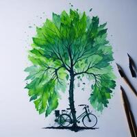 Aquarell Welt Fahrrad Tag Öko Grün Transport Konzept ai generiert foto