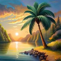 ai generiert Bild Illustration von ein Kokosnuss Baum durch das Fluss foto