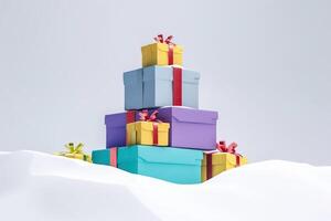 Weihnachten Urlaub Box mit ein Band im ein Schneewehe, Weiß Hintergrund, isolieren. ai generiert. foto