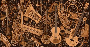 Musik- Tag, Illustration Hintergrund mit ein einstellen von Grafik kotnur Instrumente. ai generiert. foto