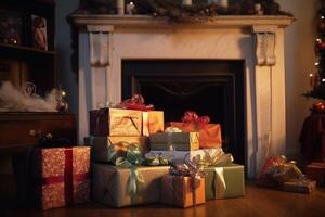 Hintergrund, Geschenk Kisten zum Weihnachten zum das Neu Jahr durch das Kamin mit Feuer, dunkel Innere. ai generiert. foto