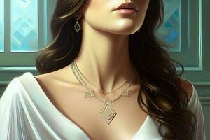 glamourös Gold - - ein atemberaubend weiblich Modell- tragen ein Diamant Halskette foto