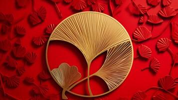 glänzend Gold Messing- Metall Kunst, Chinesisch Stil Ginkgo Blatt im Kreis Umriss, Symbol von Liebe und Frieden auf hell rot Hintergrund. ai generiert foto