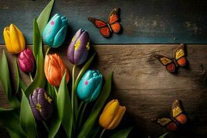 Ostern Hintergrund. bunt Frühling Tulpen mit Schmetterlinge und gemalt Eier auf Jahrgang hölzern Tafel ai generiert foto