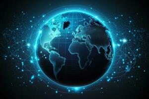 Karte von das Planet. Welt Karte. global Sozial Netzwerk. Zukunft. Vektor. Blau futuristisch Hintergrund mit Planet Erde. Internet und Technologie. Nacht Aussicht von Erde auf das Sonnenaufgang ai generiert foto