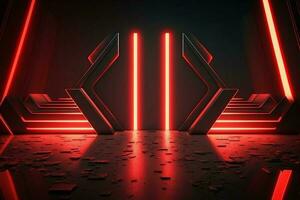 futuristisch Sci-Fi abstrakt rot Neon- Licht Formen auf schwarz Hintergrund und reflektierend Beton mit leer Raum zum 3d Text ai generiert foto