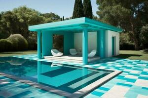 einfach modern Design von ein Terrasse Schwimmen Schwimmbad im das Unendlichkeit Stil ai generiert foto