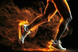 Sport. Läufer. Seite Aussicht von ein Jogger Beine mit das Leistung im das Venen isoliert auf schwarz. Feuer und Energie ai generiert foto