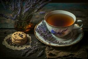 Tasse von Tee mit Lavendel Blumen auf ein hölzern Tabelle ai generiert foto