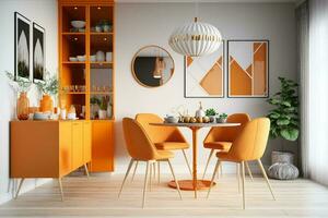 Innere Design von modern Essen Zimmer mit Orange Möbel, skandinavisch Stil ai generiert foto