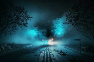 Asphalt Blau dunkel Straße mit Rauch. Strahlen, Scheinwerfer Neon- Licht ai generiert foto