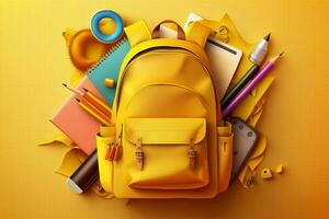 Schreibwaren liefert im das Schule Tasche. Banner Design Bildung auf Gelb Hintergrund ai generiert foto