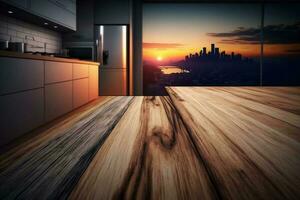 Holz leeren Oberfläche und Küche wie Hintergrund im das Abend ai generiert foto