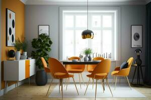 Innere Design von modern Essen Zimmer mit Orange Möbel, skandinavisch Stil ai generiert foto