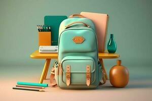 Schule Schreibtisch mit Schule Zubehörteil und Rucksack auf ein farbig Hintergrund ai generiert foto